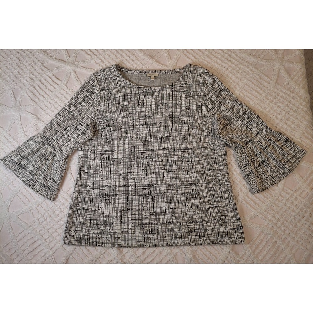 Talbots Womens LP Knit Top Black White Crosshatch Bell Sleeve Boat Neck LP